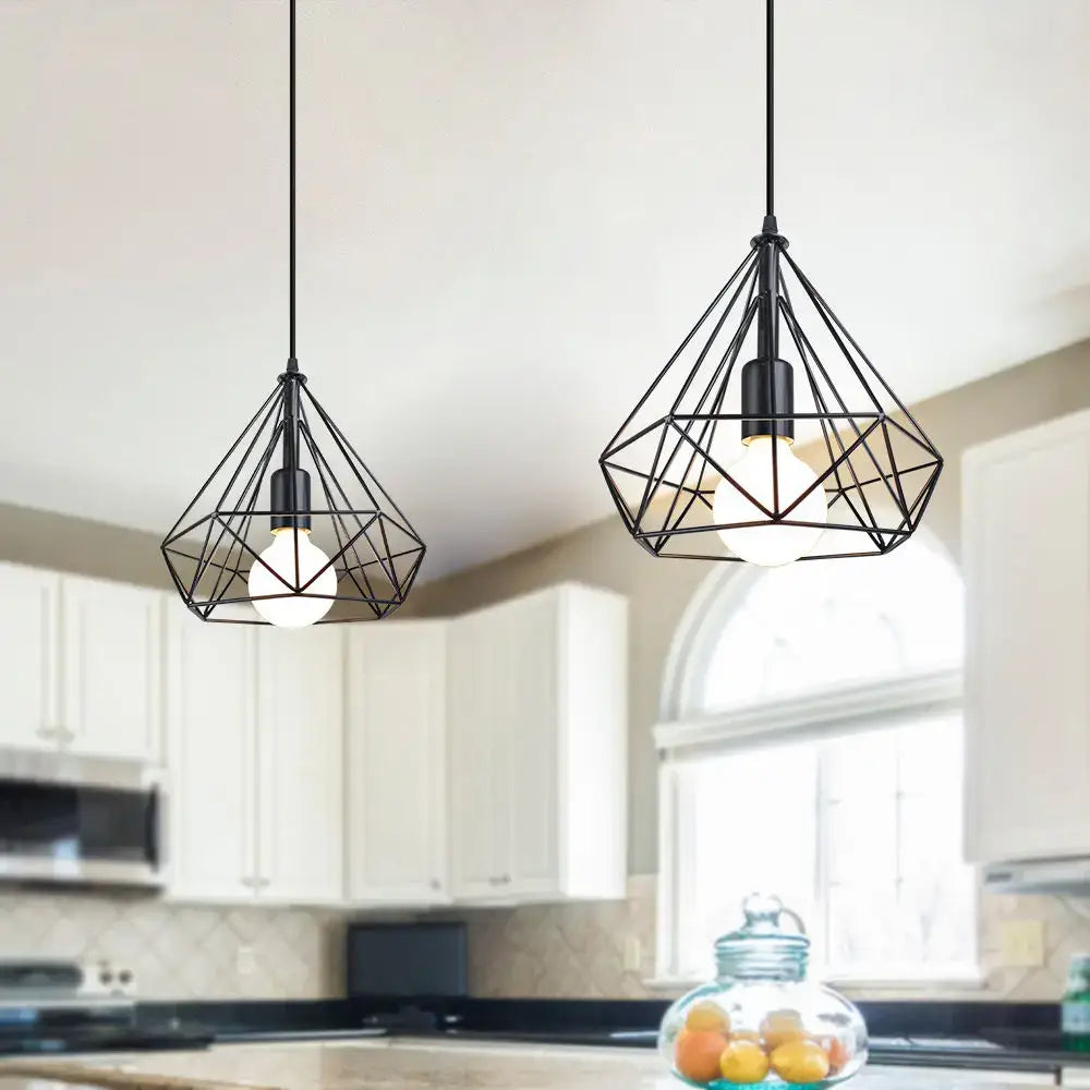 Industrial black geometric wireframe pendant light for dining room
