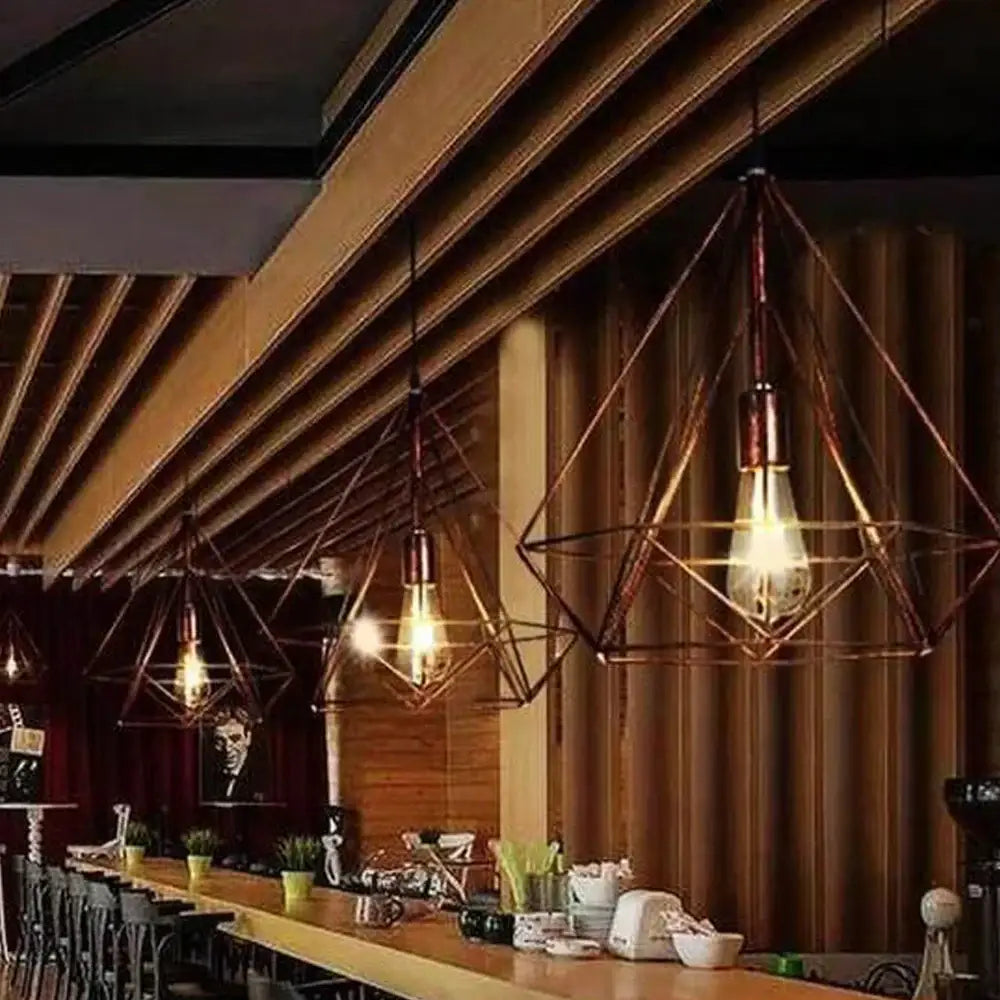 Industrial black geometric wireframe pendant light for dining room