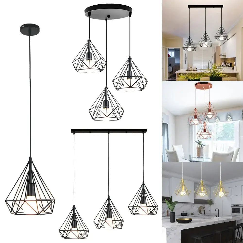 Industrial black geometric wireframe pendant light for dining room