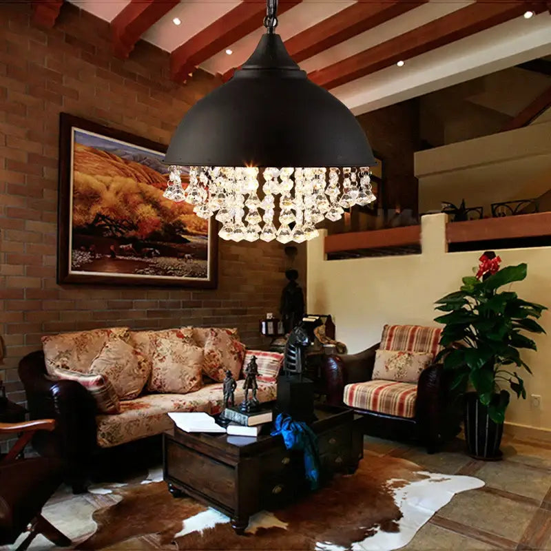 Industrial black iron crystal chandelier kitchen pendant light