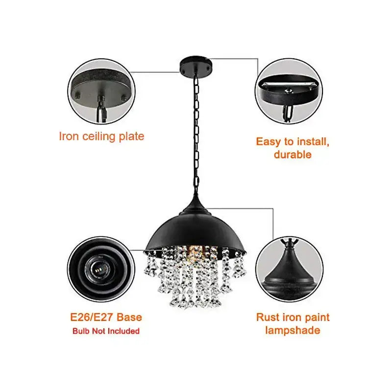 Industrial black iron crystal chandelier kitchen pendant light