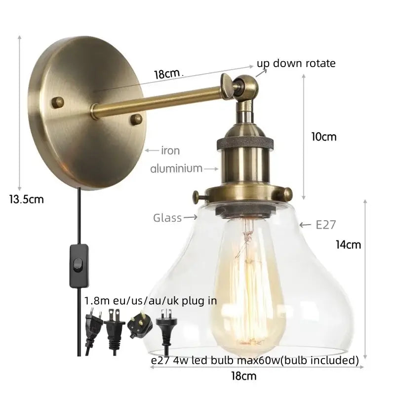 Industrial black iron led wall sconce with pull chain for bedroom