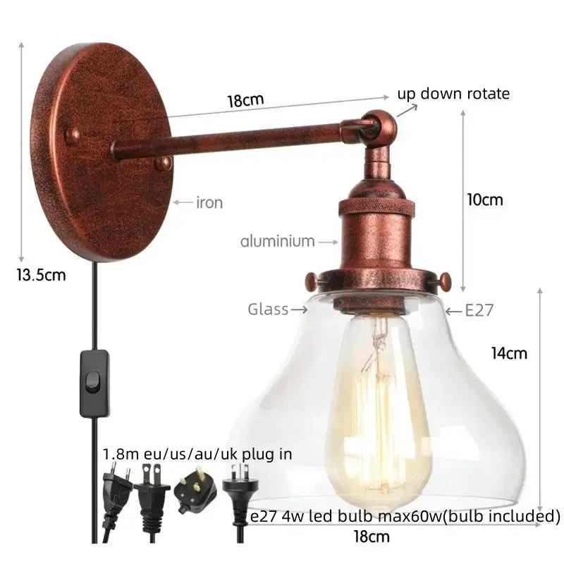 Industrial black iron led wall sconce with pull chain for bedroom