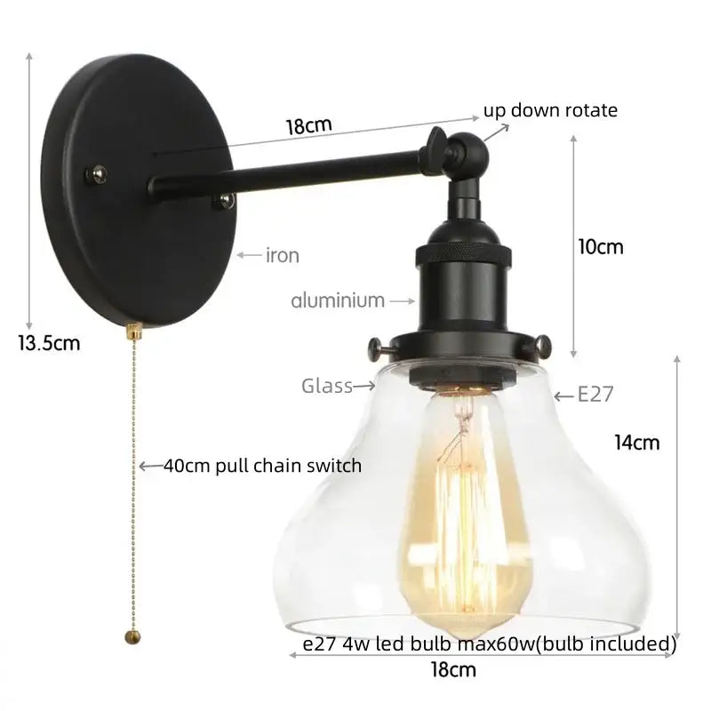 Industrial black iron led wall sconce with pull chain for bedroom