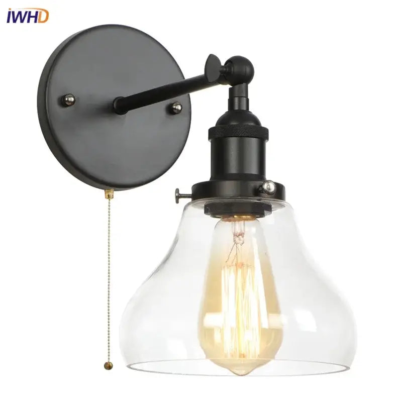 Industrial black iron led wall sconce with pull chain for bedroom