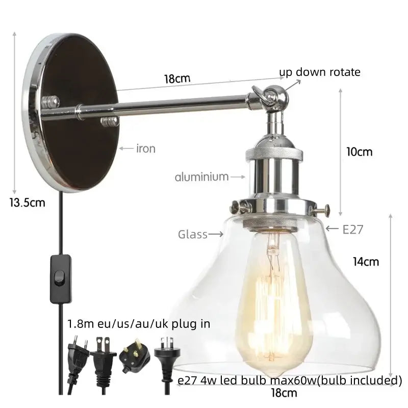 Industrial black iron led wall sconce with pull chain for bedroom