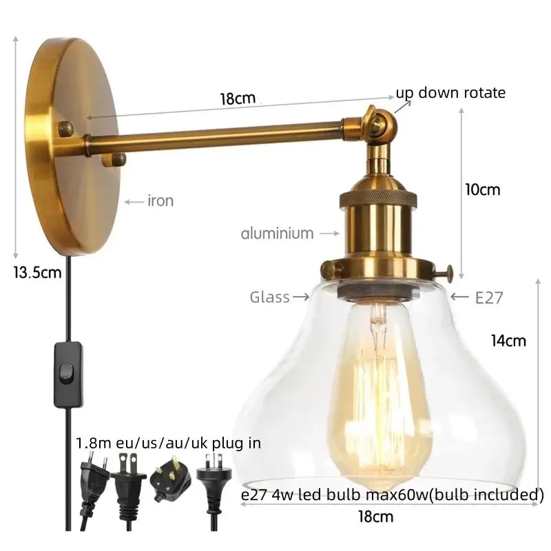Industrial black iron led wall sconce with pull chain for bedroom