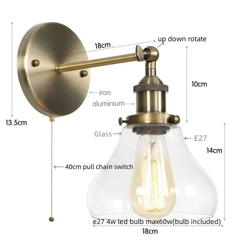 Industrial black iron led wall sconce with pull chain for bedroom