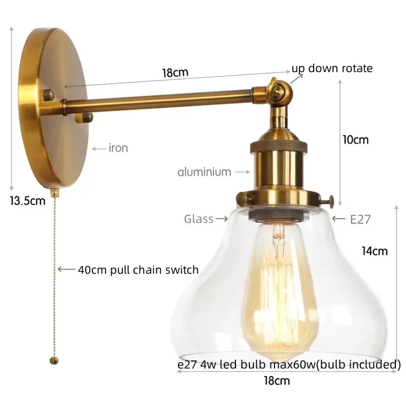 Industrial black iron led wall sconce with pull chain for bedroom