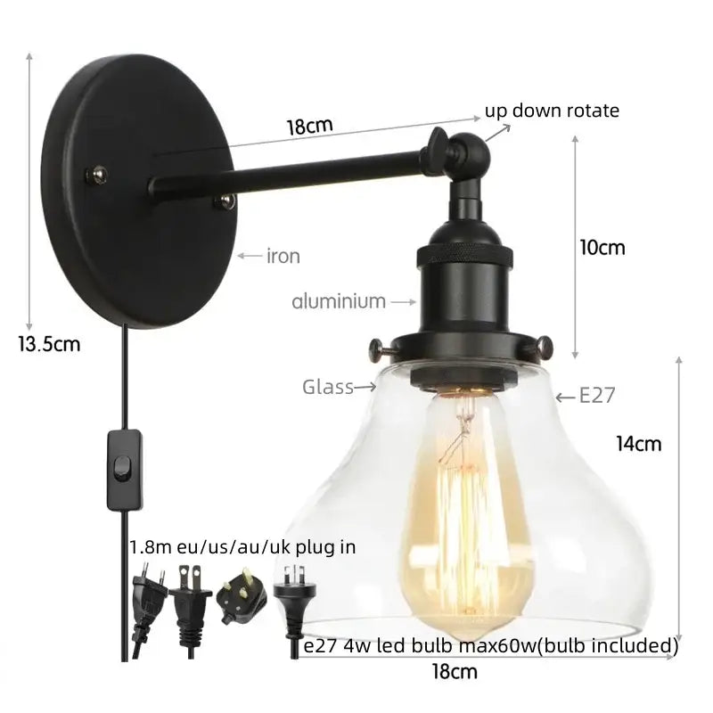 Industrial black iron led wall sconce with pull chain for bedroom