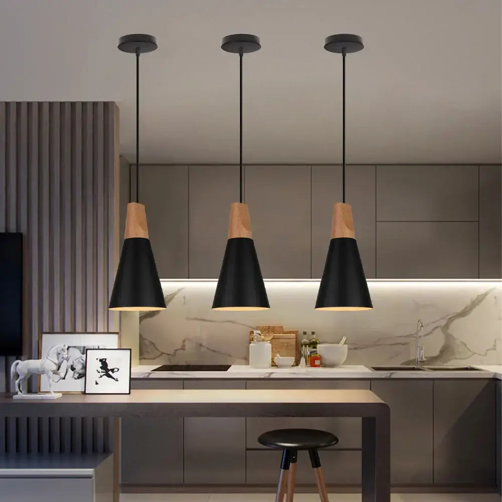Industrial black matte aluminum pendant light kitchen wood accents