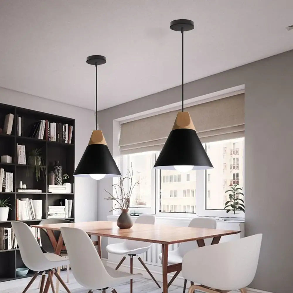 Industrial black matte aluminum pendant light kitchen wood accents