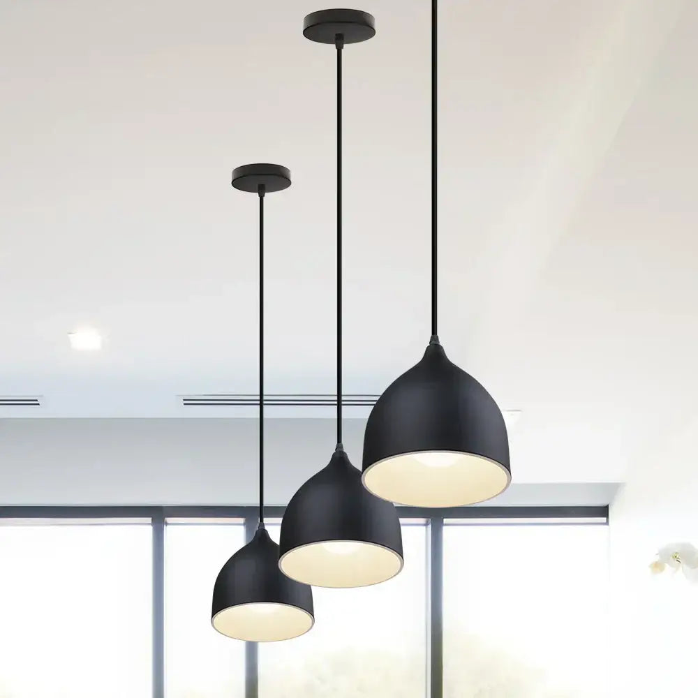 Industrial black matte aluminum pendant light kitchen wood accents