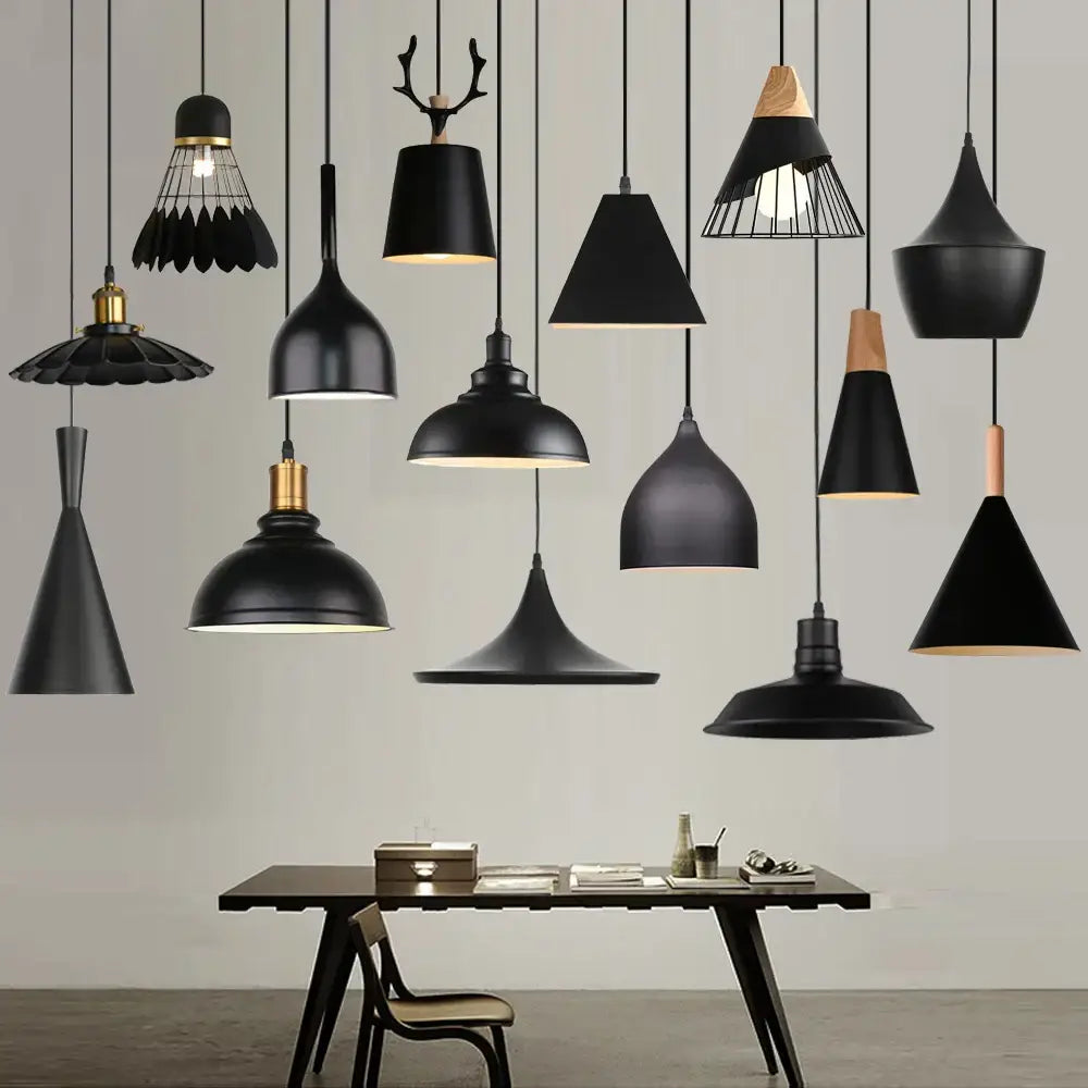 Industrial black matte aluminum pendant light kitchen wood accents