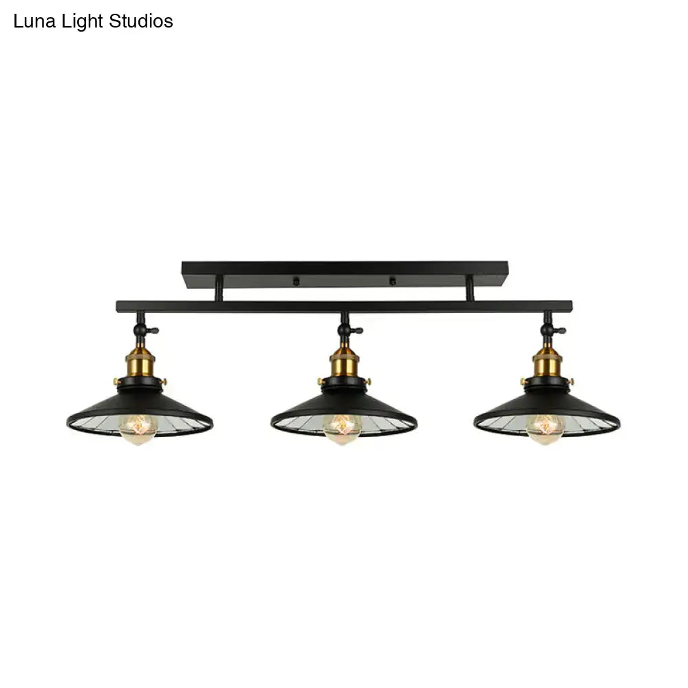 Industrial black metal and brass ceiling light fixture dining room