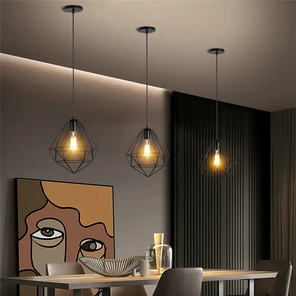 Industrial black metal cage mini pendant light dining room