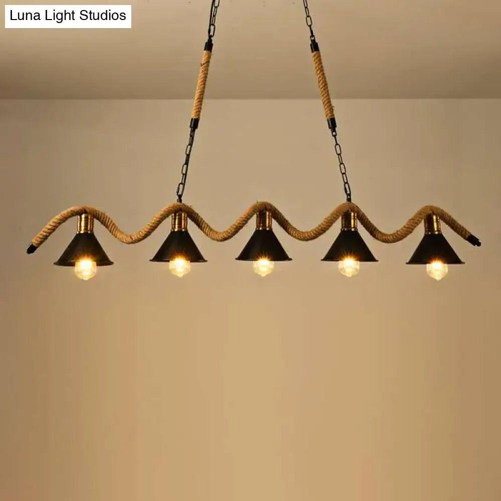 Industrial black metal conical island ceiling light kitchen rope pendant