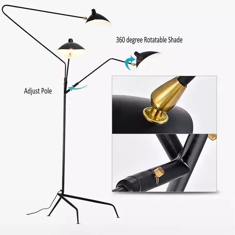 Industrial black metal floor lamp living room three light tripod