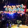 Industrial black metal rectangle island light pink & blue flower decor kitchen