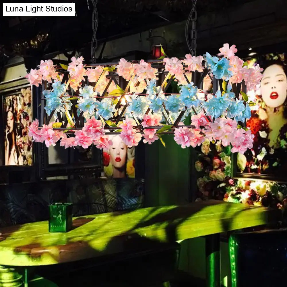 Industrial black metal rectangle island light pink & blue flower decor kitchen