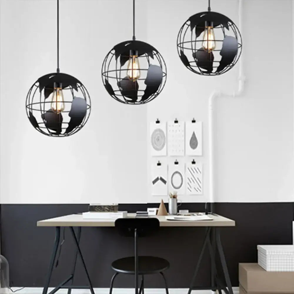 Industrial black metal world map pendant light for dining room