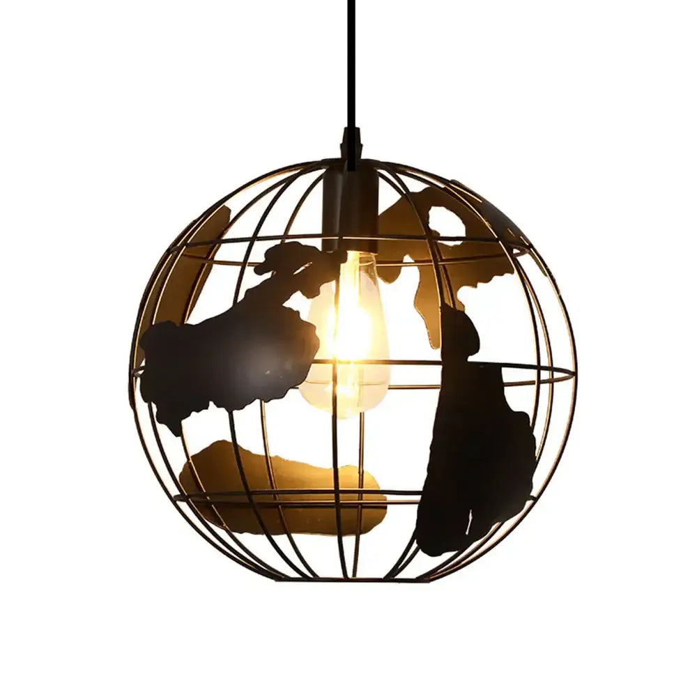 Industrial black metal world map pendant light for dining room
