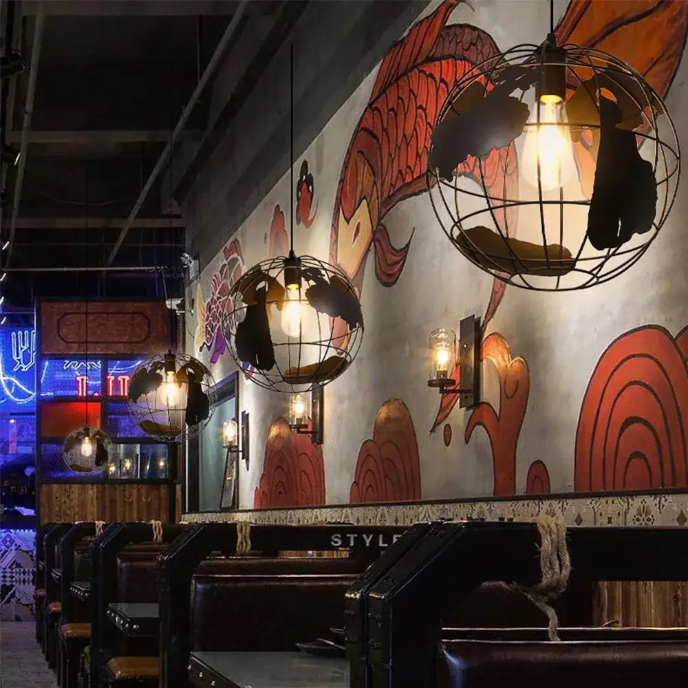 Industrial black metal world map pendant light for dining room