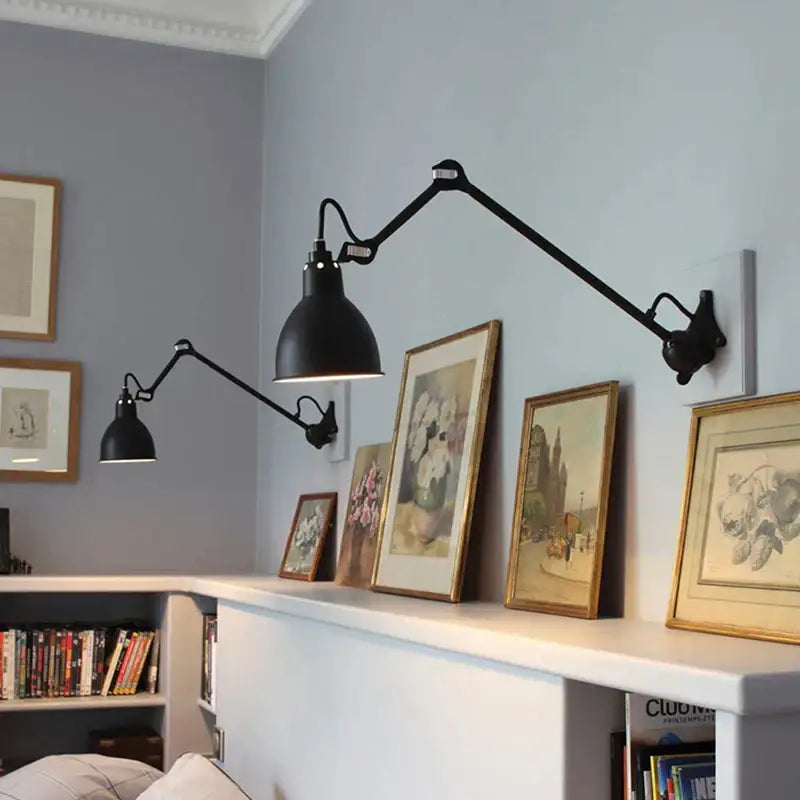 Industrial black & red swing arm wall lamp for bedroom