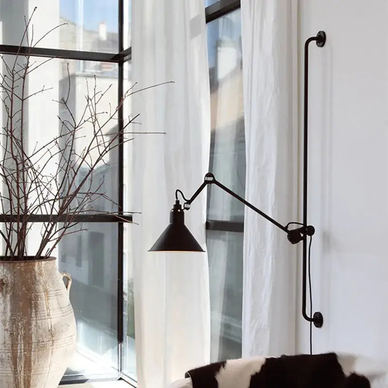 Industrial black & red swing arm wall lamp for bedroom
