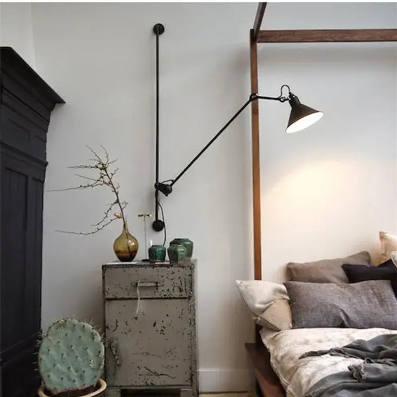 Industrial black & red swing arm wall lamp for bedroom
