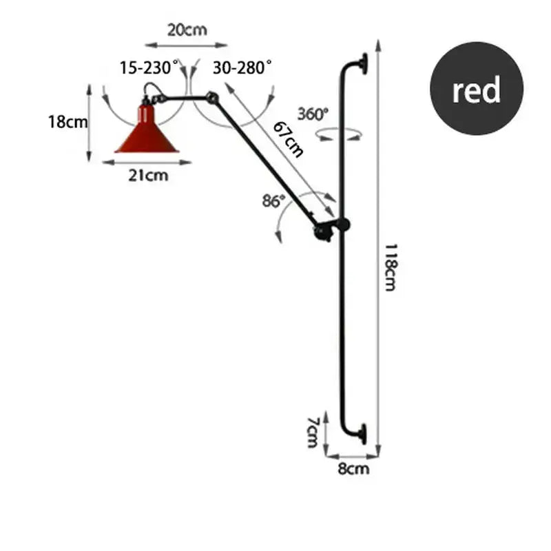Industrial black & red swing arm wall lamp for bedroom