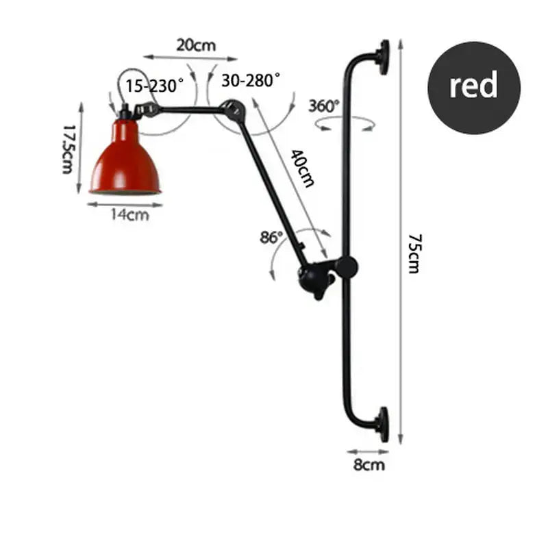 Industrial black & red swing arm wall lamp for bedroom