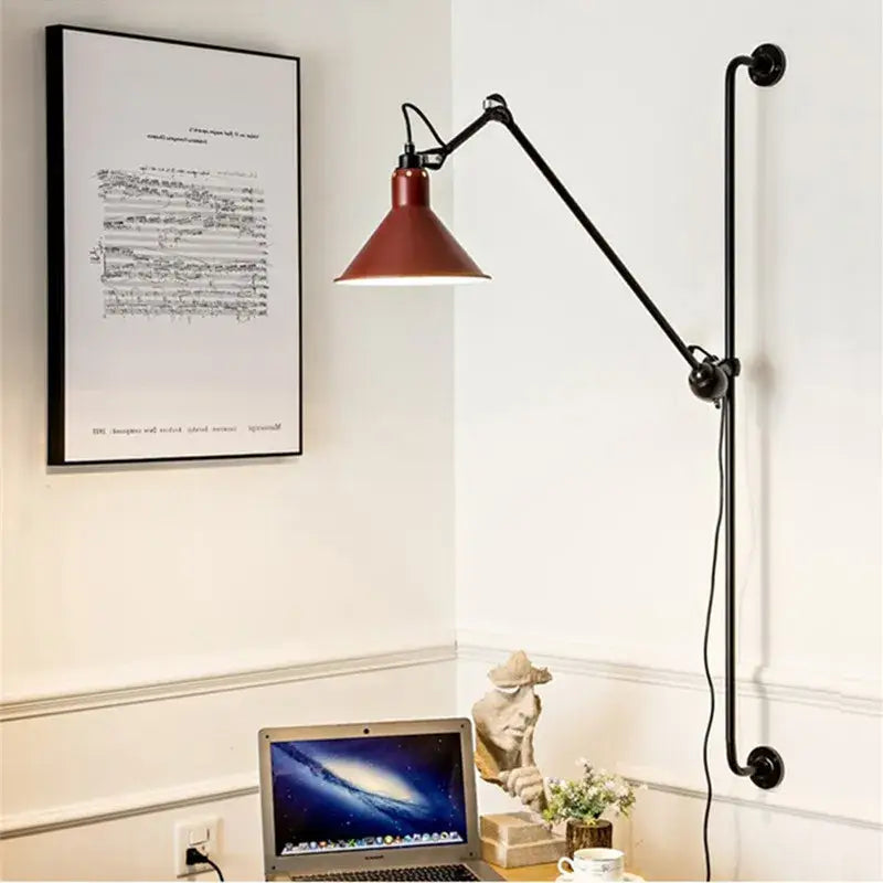 Industrial black & red swing arm wall lamp for bedroom