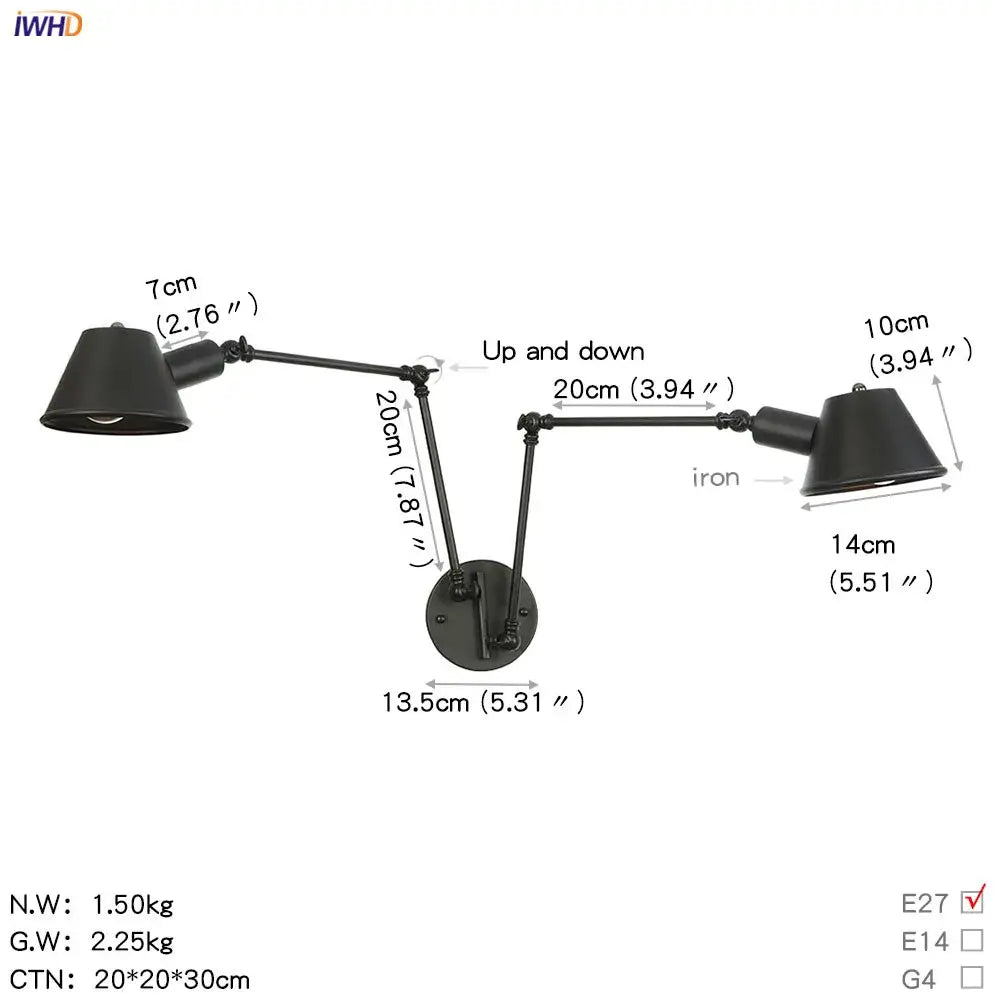 Industrial black single swing arm wall light bedroom sconce