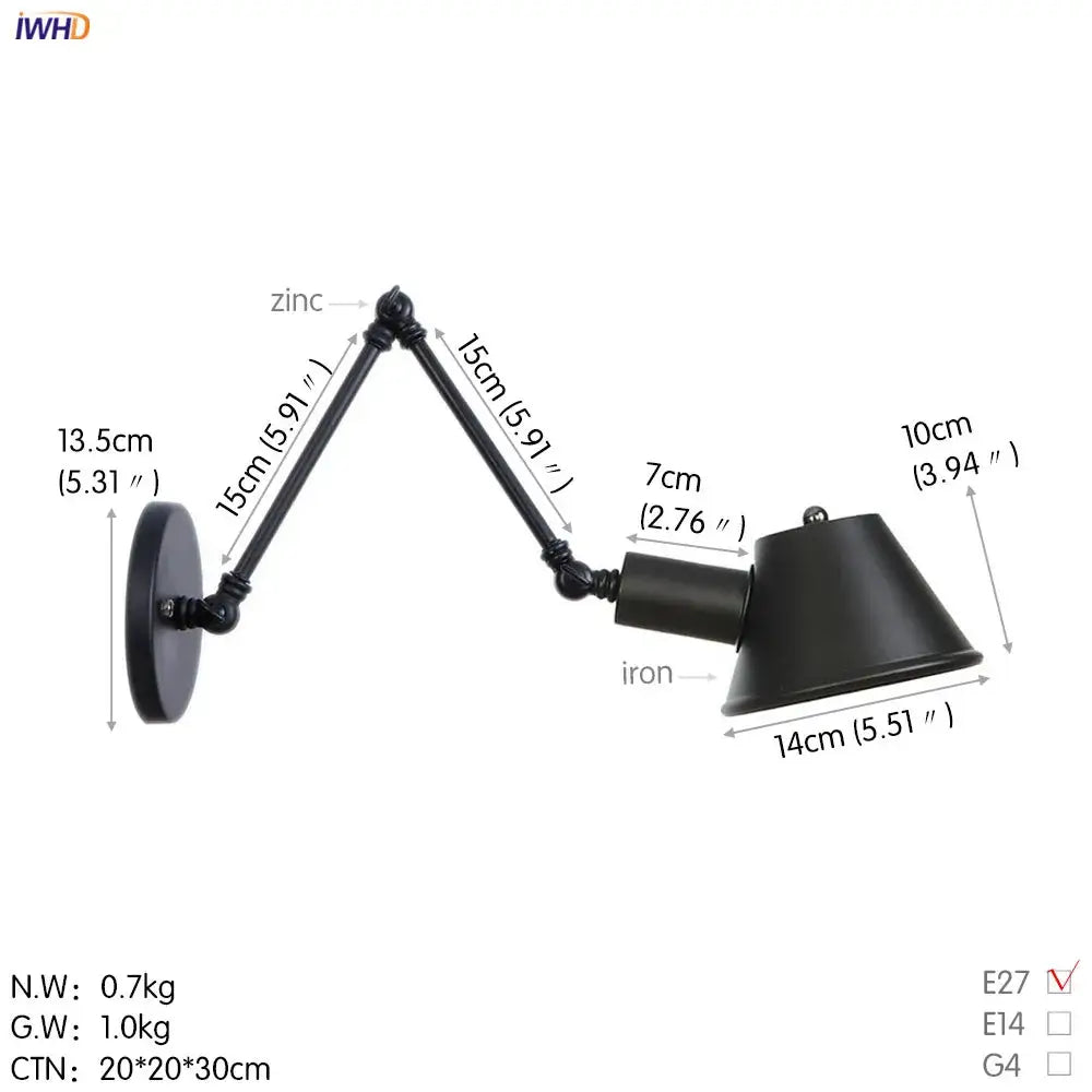 Industrial black single swing arm wall light bedroom sconce