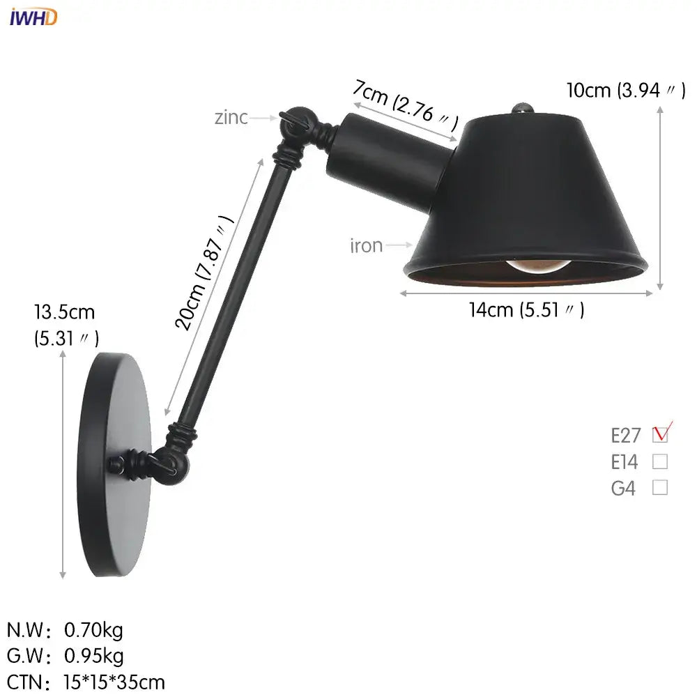 Industrial black single swing arm wall light bedroom sconce