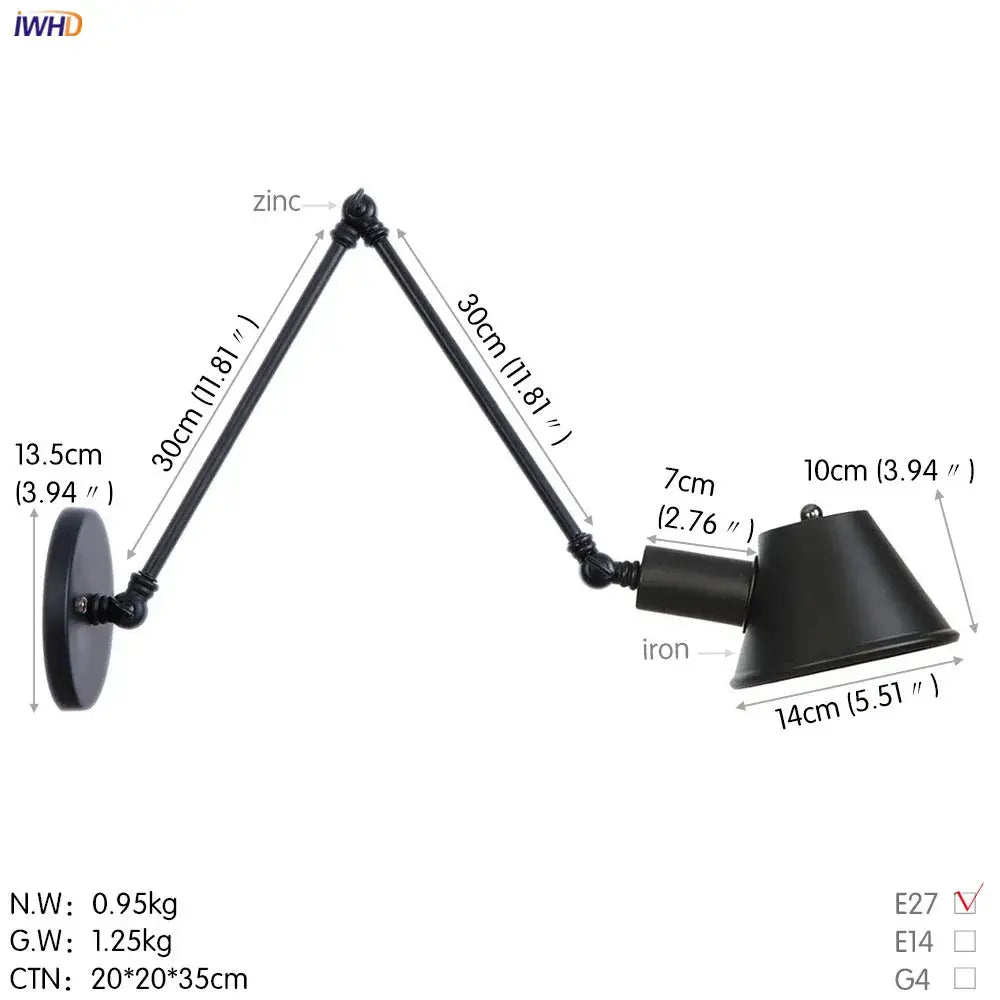 Industrial black single swing arm wall light bedroom sconce