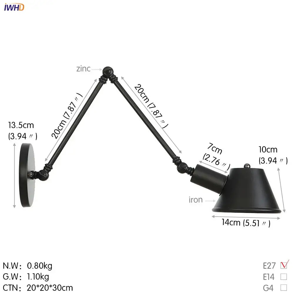Industrial black single swing arm wall light bedroom sconce