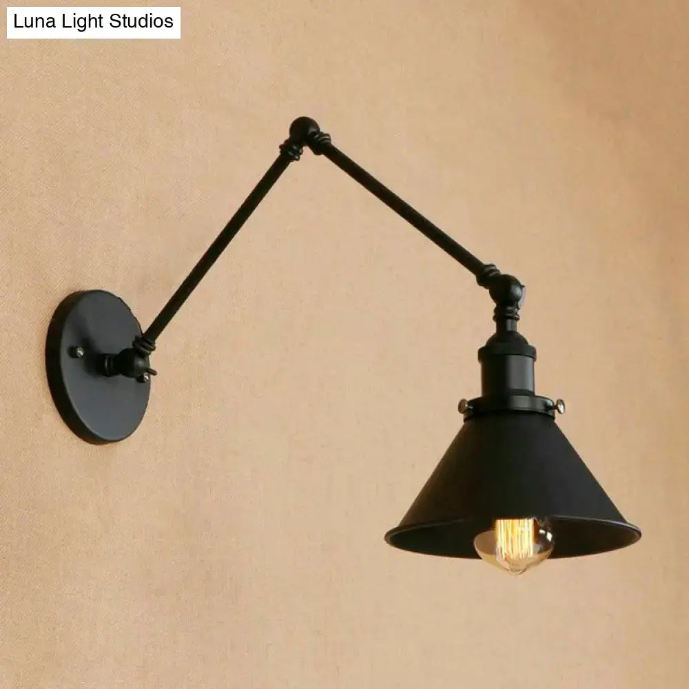 Industrial black swing arm wall lamp bedroom conic shade sconce