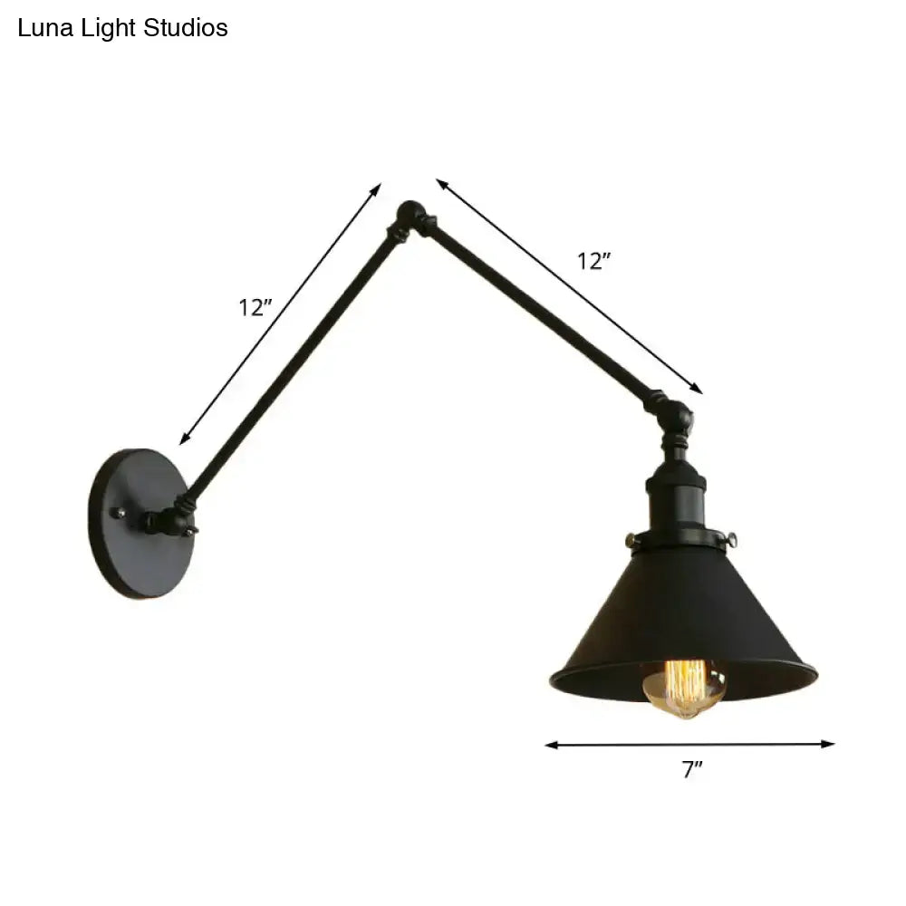 Industrial black swing arm wall lamp bedroom conic shade sconce