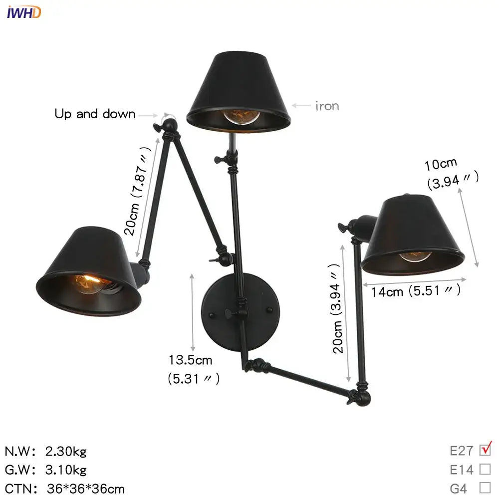 Industrial black swing arm wall light bedroom vintage sconce