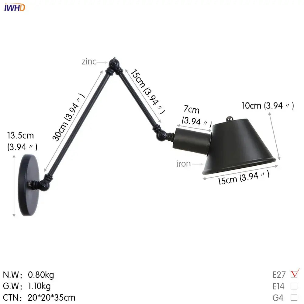 Industrial black swing arm wall light bedroom vintage sconce