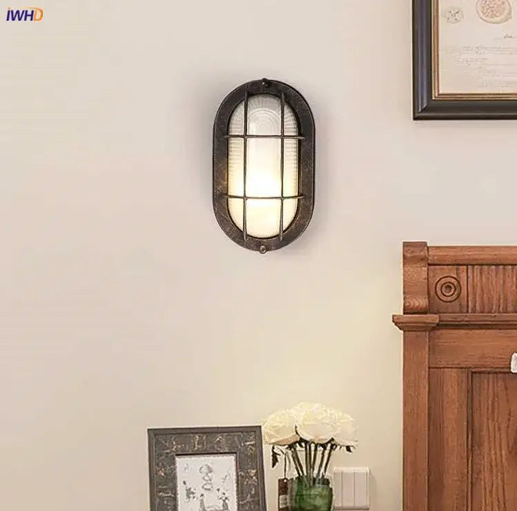 Industrial black wall lamp with ribbed glass for stairway lighting
