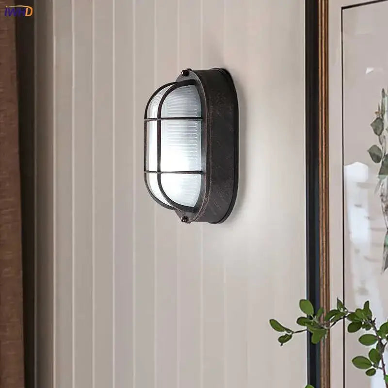 Industrial black wall lamp with ribbed glass for stairway lighting