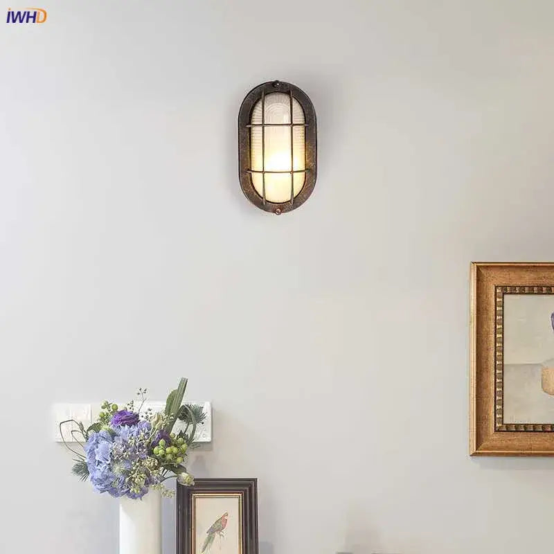 Industrial black wall lamp with ribbed glass for stairway lighting