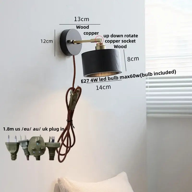 Industrial black wood led wall sconce with brass accent stair light