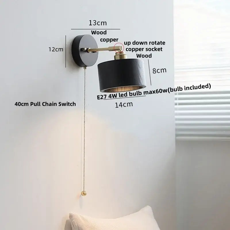 Industrial black wood led wall sconce with brass accent stair light