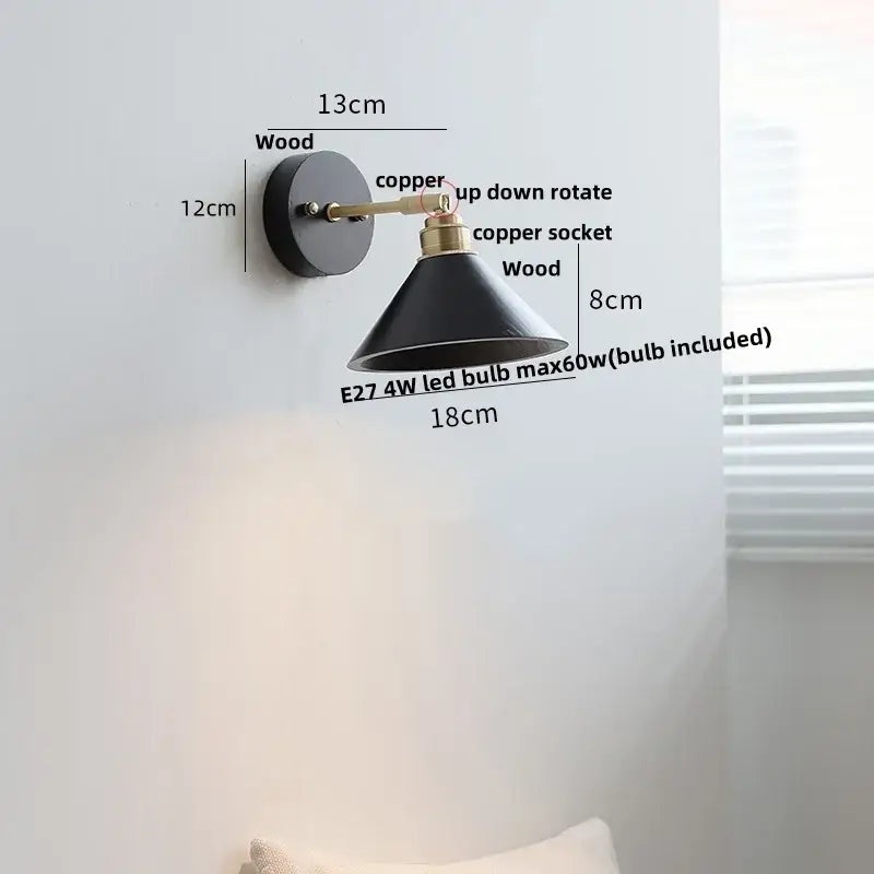 Industrial black wood led wall sconce with brass pull chain bedroom light