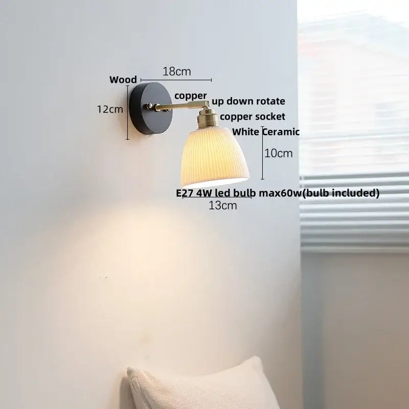 Industrial black wood led wall sconce with brass pull chain bedroom light