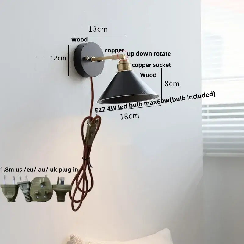 Industrial black wood led wall sconce with brass pull chain bedroom light